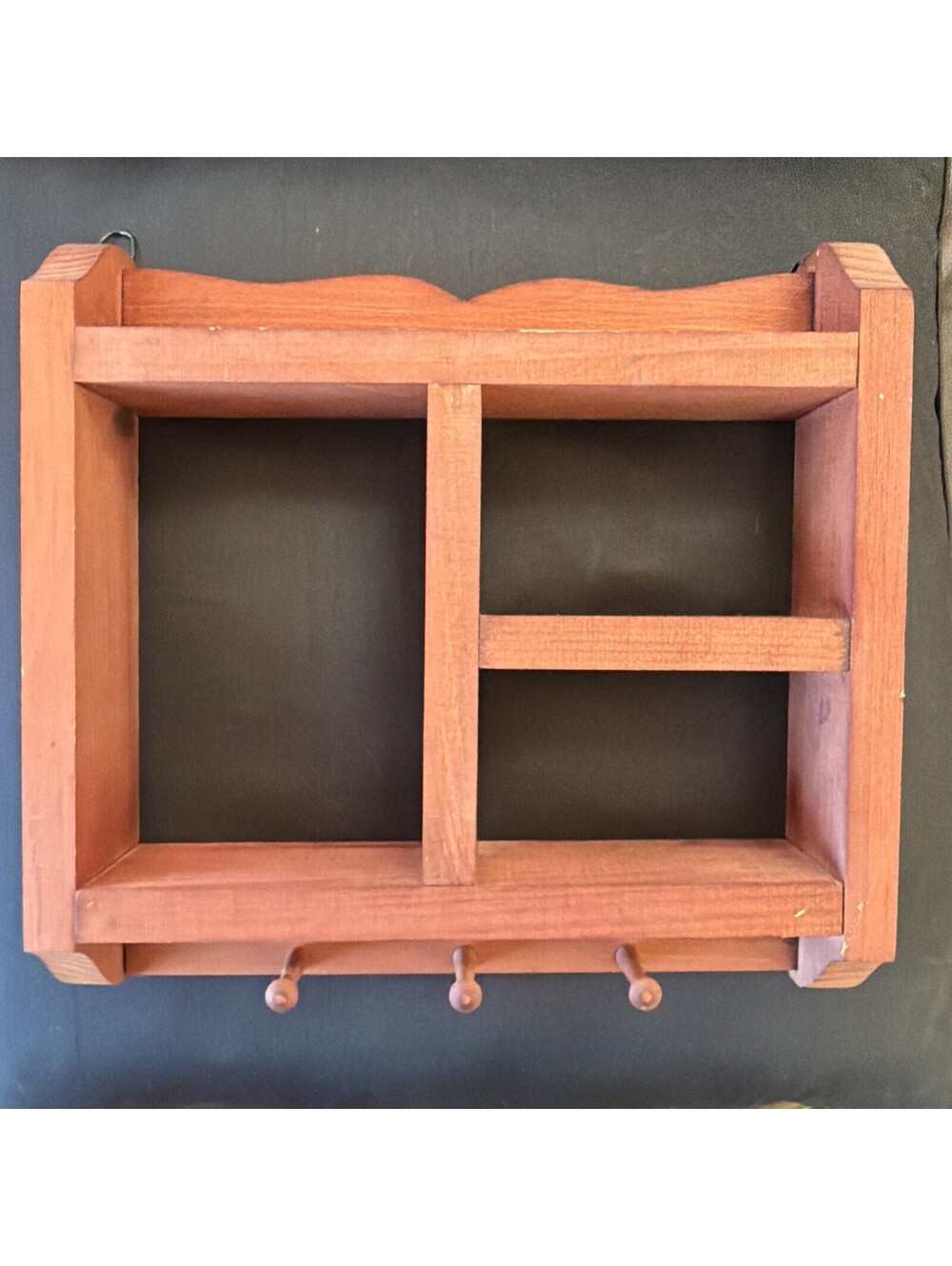Vintage Wood Wall Shelf W/ 3 Pegs Hooks 12” Rustic Country Farmhouse Handmade